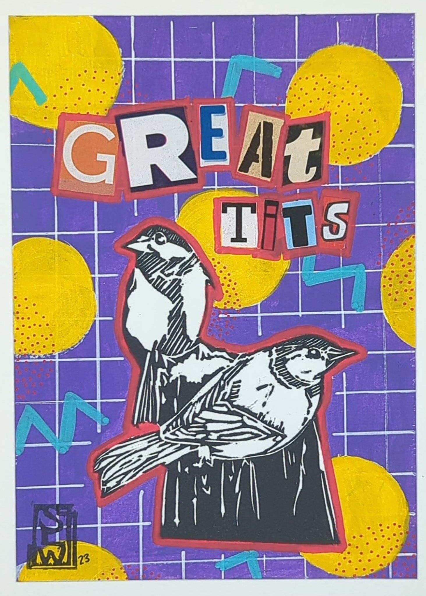 Sarah Louise Windisch | Printmaker Great Tits #1 - Lemons on Purple Original Artwork - Great Tits Series