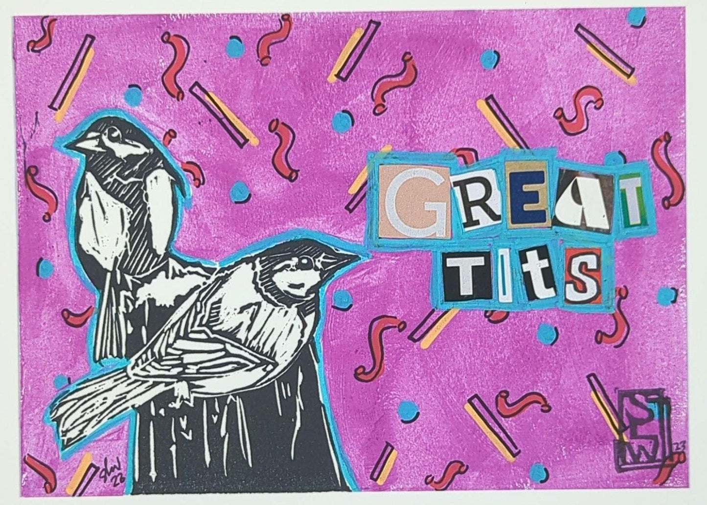 Sarah Louise Windisch | Printmaker Great Tits #2- Fuchsia Macaroni Original Artwork - Great Tits Series