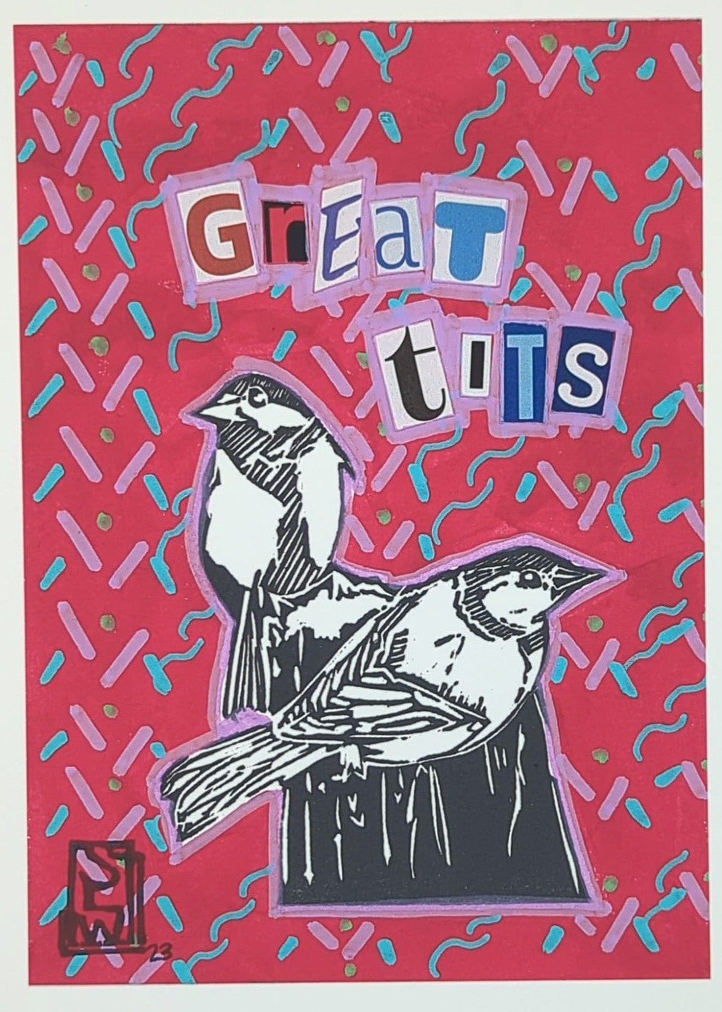 Sarah Louise Windisch | Printmaker Great Tits #6 - Red Red Red Original Artwork - Great Tits Series