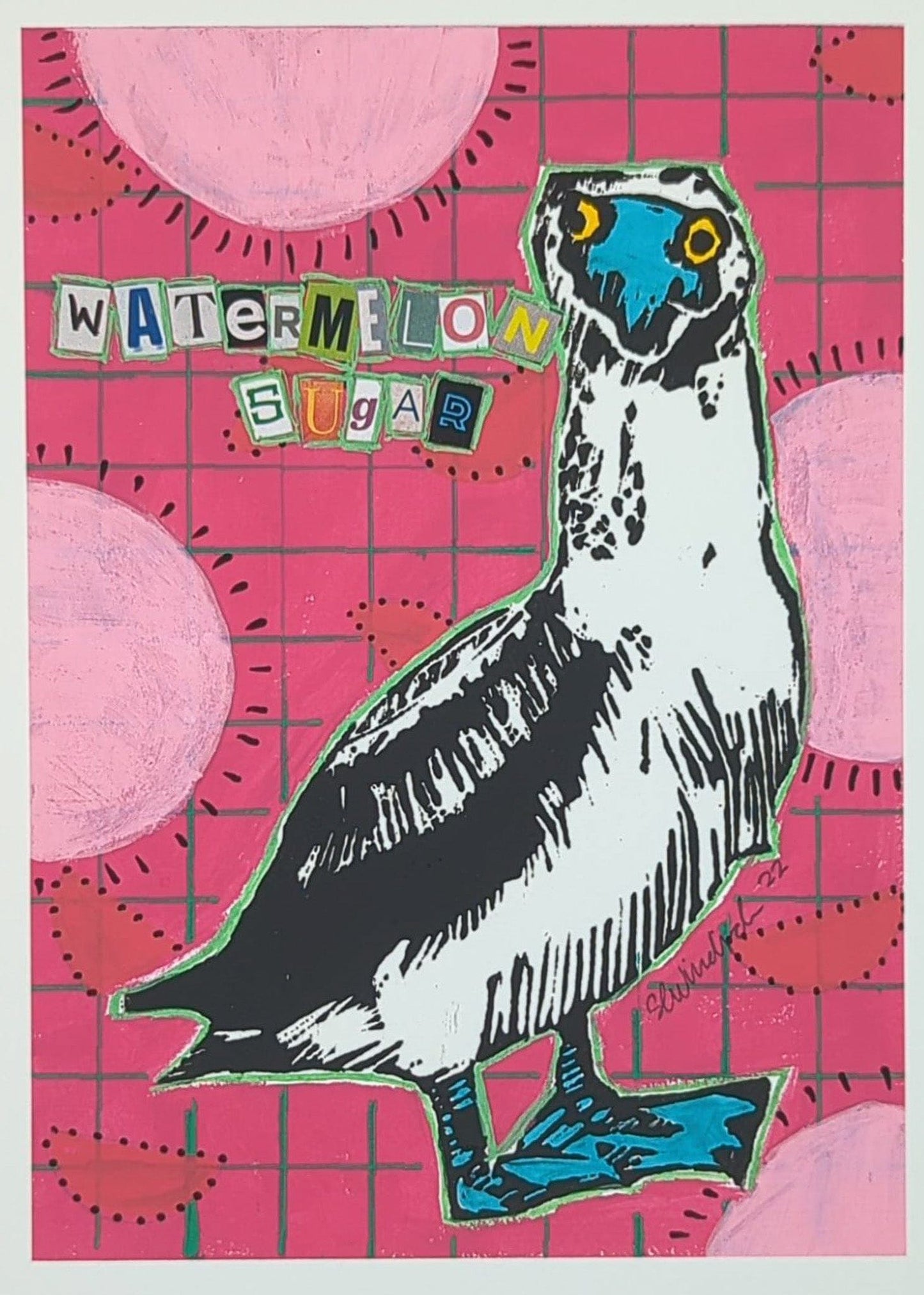 Sarah Louise Windisch | Printmaker art print Beleagured Booby - Watermelon Sugar Art Prints